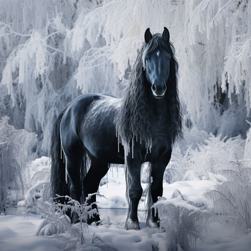 Schwarzes Pferd im Schnee