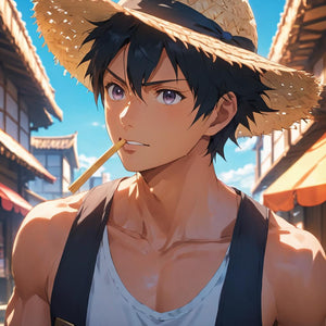 Anime-Junge mit Strohhut