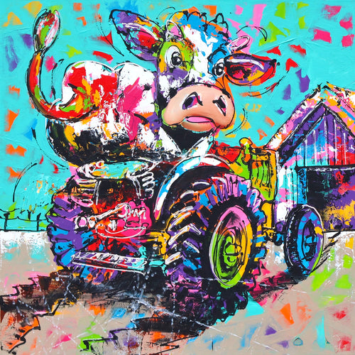 Fröhliche Malerei - Kuh auf Traktor
