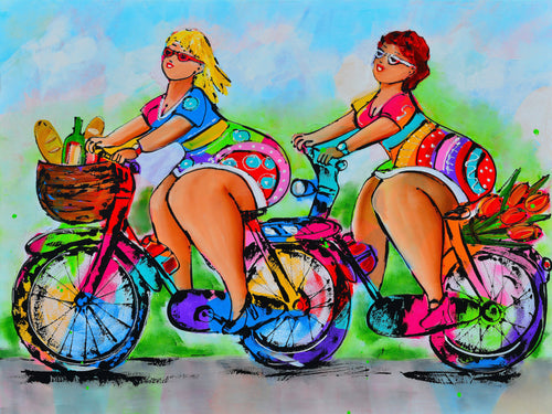 Fröhliche Malerei - Dicke Damen auf dem Fahrrad