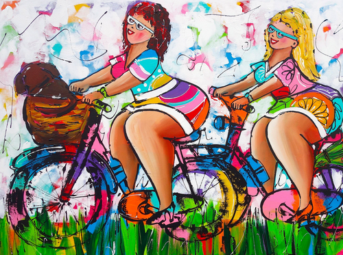 Fröhliche Malerei - Dicke Damen Radfahren