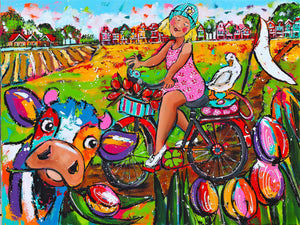 Fröhliche Malerei - Kuh und Radfahrer