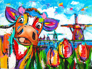 Fröhliche Malerei - Kuh mit Mühle