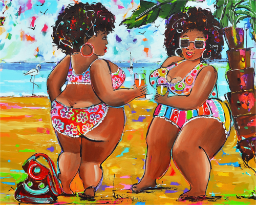 Fröhliche Malerei - Dicke Damen am Strand